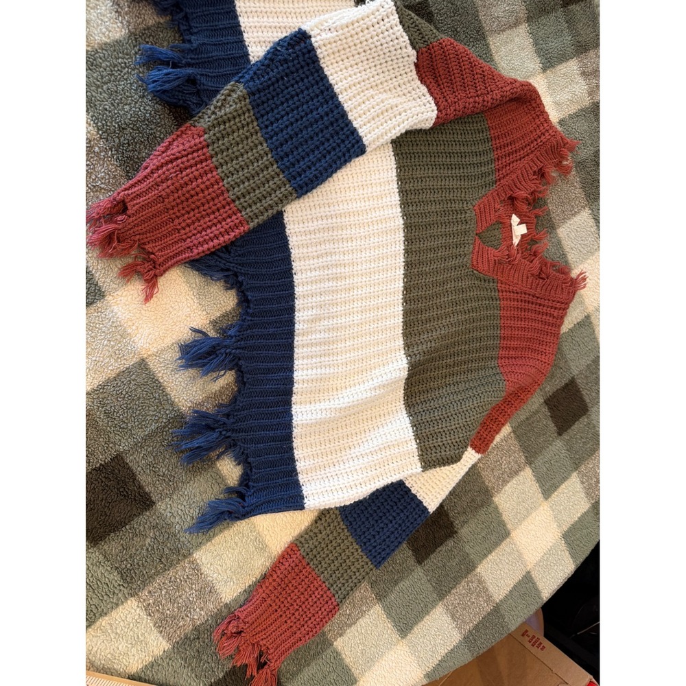 Ee:some Distressed Colorblock Knit Sweater Fringed Hem Rust Green Cream Navy S/M